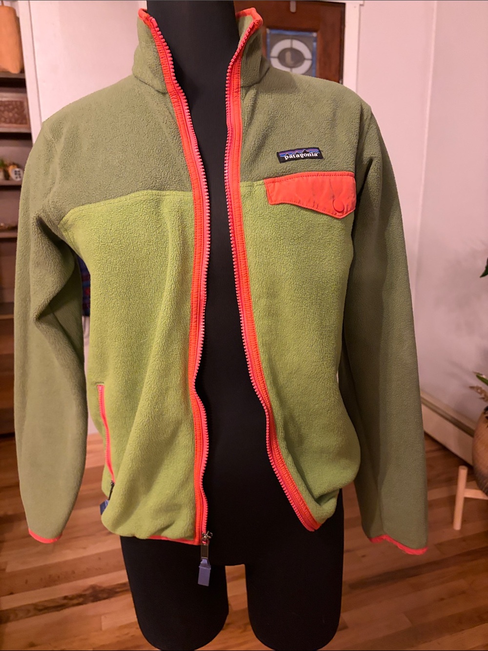 Patagonia Olive Green Fleece Jacket with Coral Trim